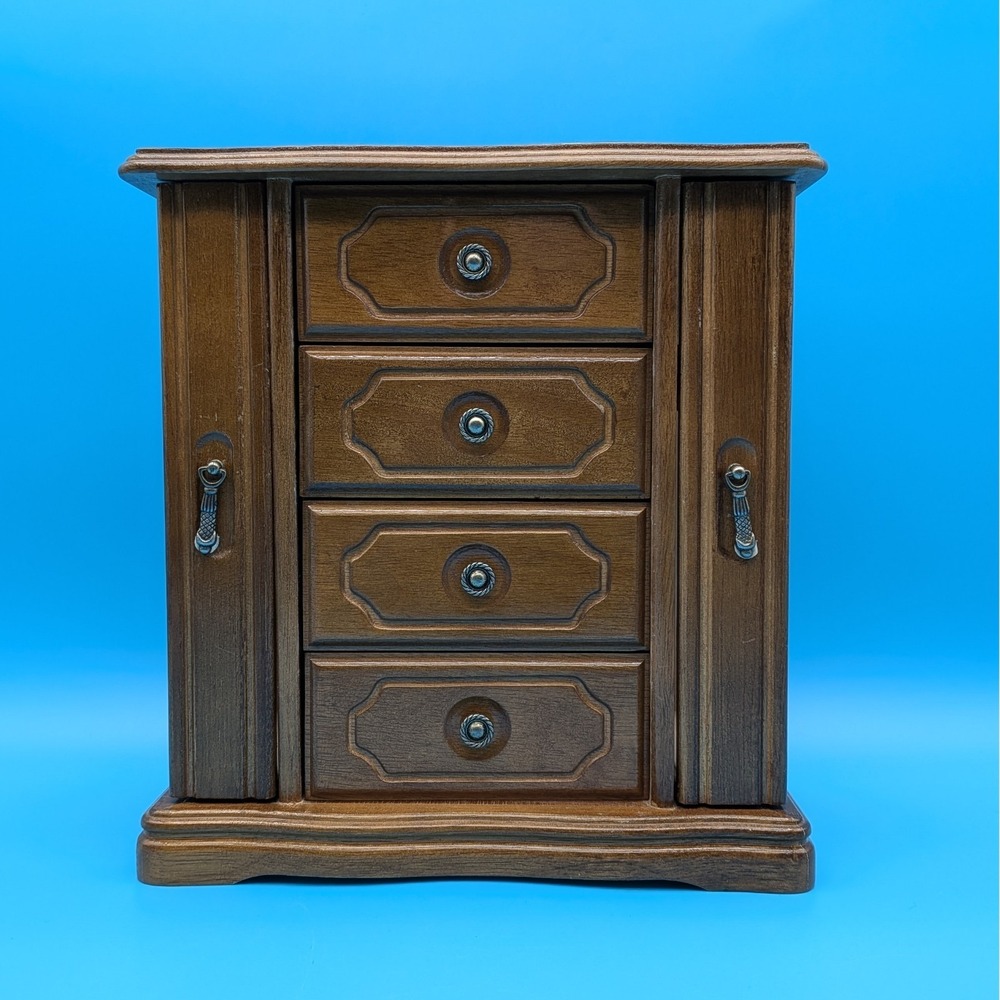 Vintage-Style Wooden Jewelry Box Armoire 4 drawers, 2 necklace 'wings'. 11.25"